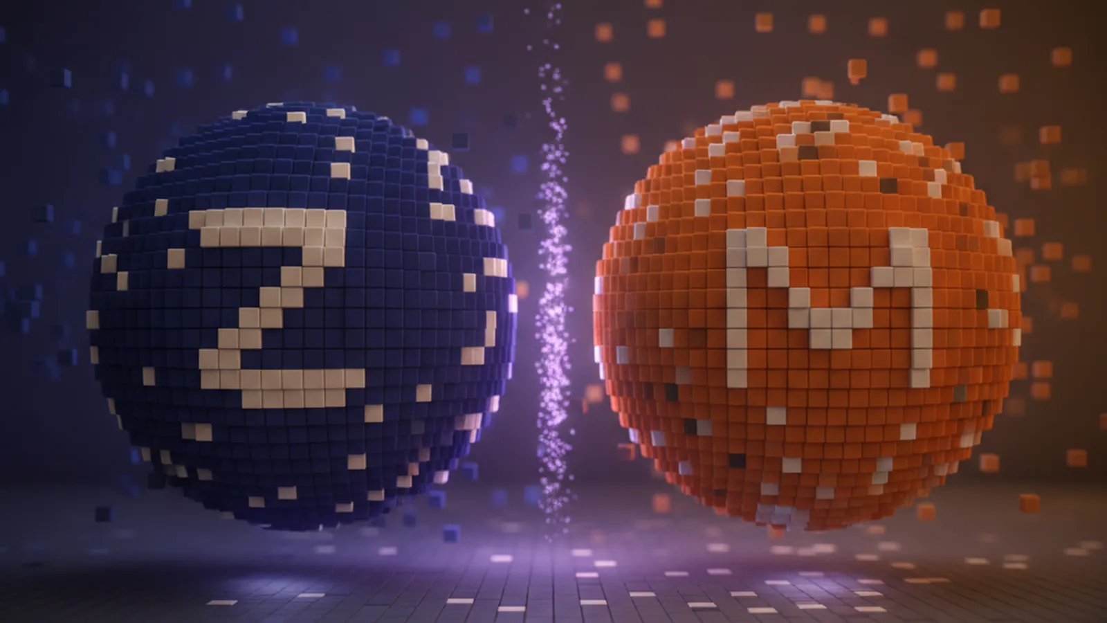 Two voxel coins — indigo Zcash with Z on the left, orange Monero with M on the right, on a deep violet backdrop