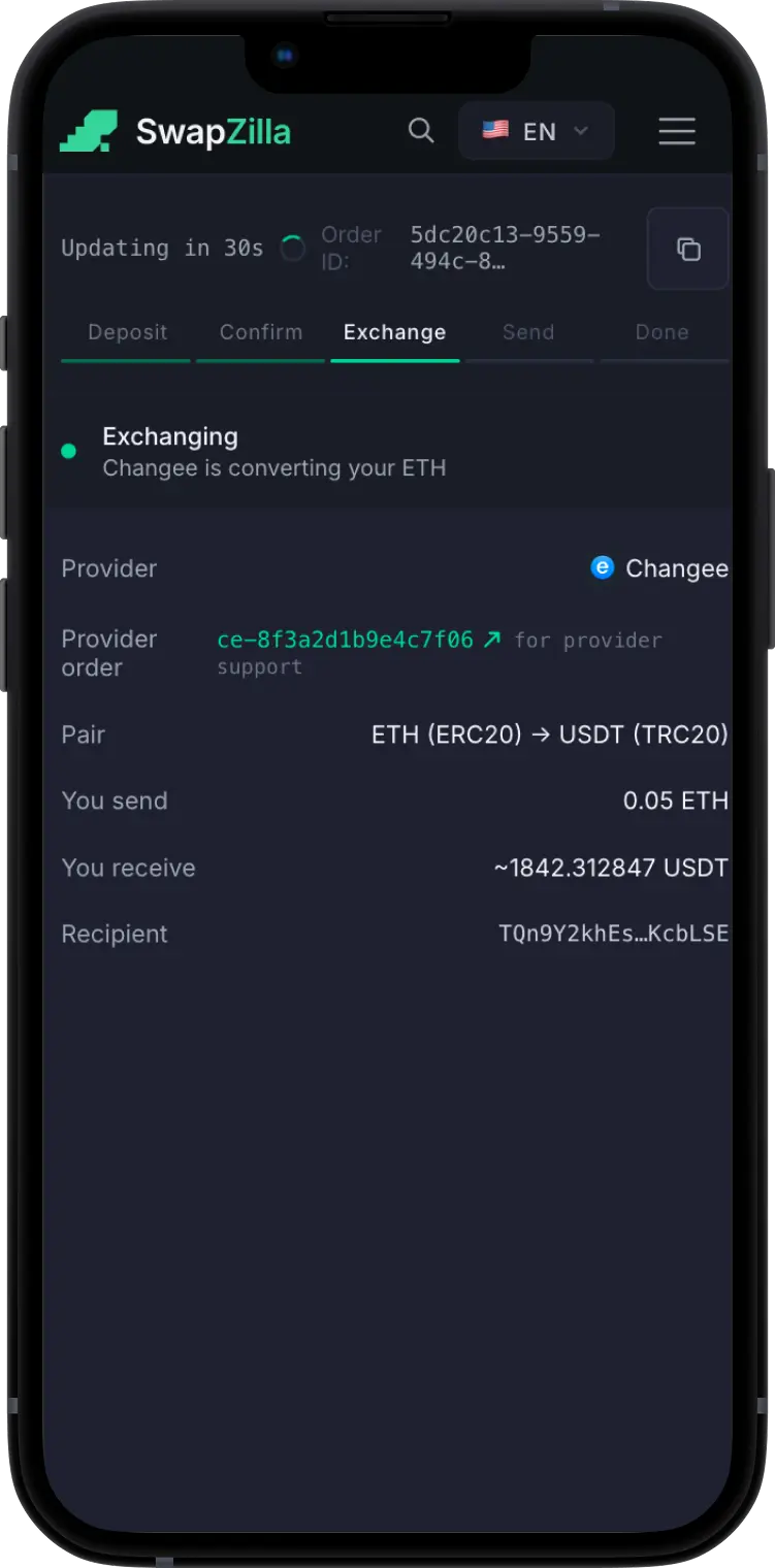 SwapZilla swap — step 4: send the crypto