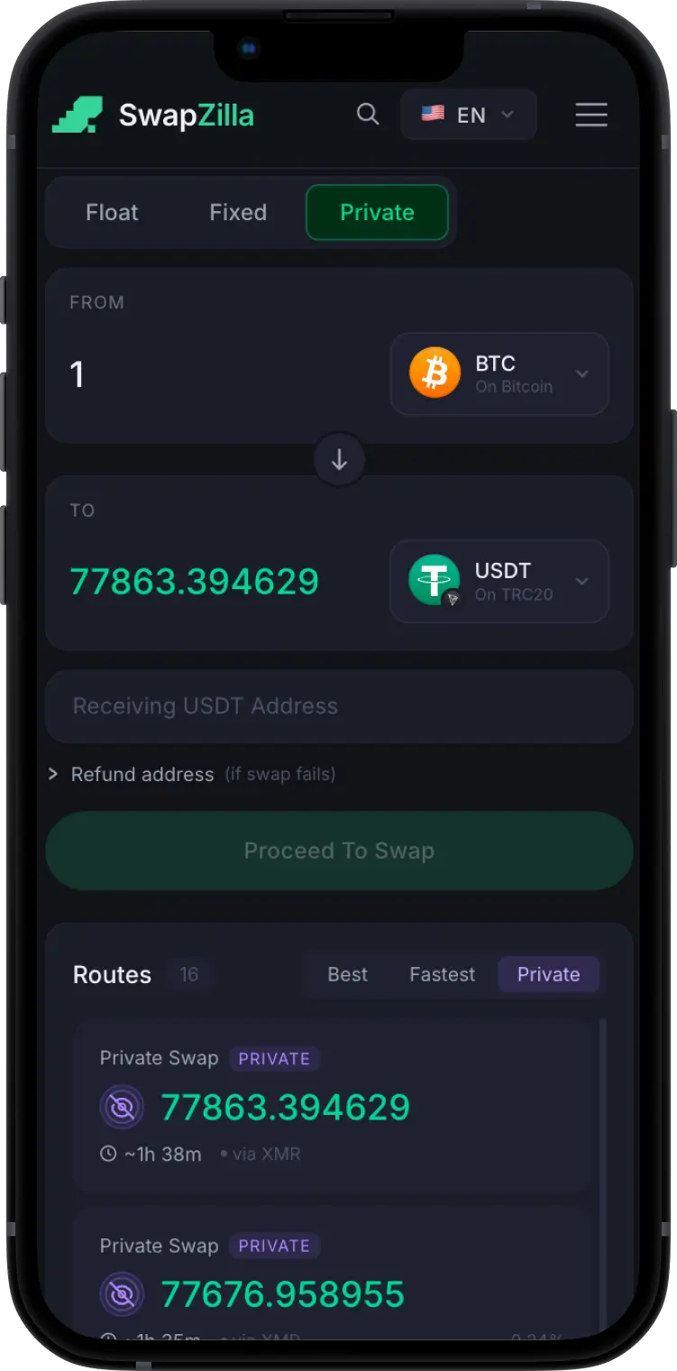 SwapZilla private swap via Monero — step 1: выберите монеты для обмена