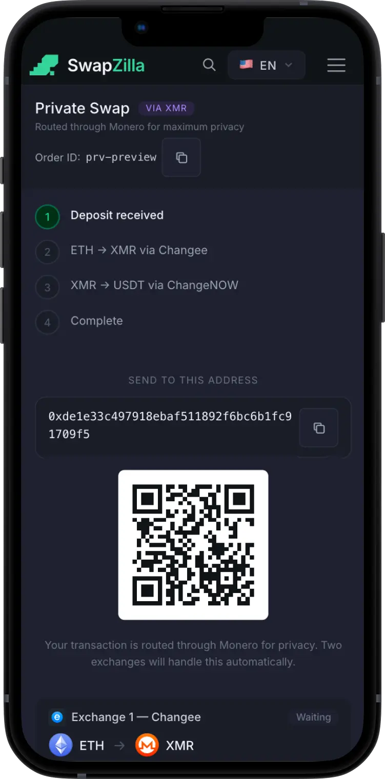 SwapZilla private swap via Monero — step 2: отправьте на адрес депозита