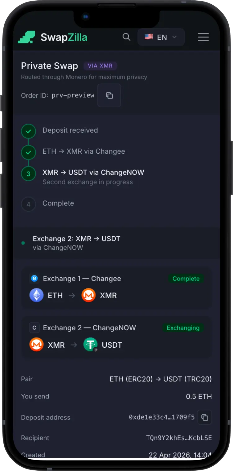 SwapZilla private swap via Monero — step 4: monero конвертируется в целевую монету